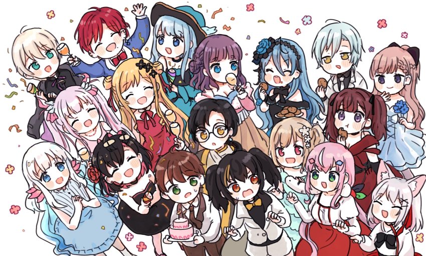 5boys 6+girls ^_^ akira_ray animal_ear_fluff animal_ears axolotl_girl ban_hada black_headwear black_shirt blonde_hair blue_dress blue_eyes blue_flower blue_hair blue_jacket blue_rose breasts brown_eyes cleavage closed_eyes collared_shirt colored_inner_hair commentary cup double_bun dress drinking_glass everyone eyebrows flower formal_clothes fox_ears gaon_(nijisanji) glasses green_eyes ha_yun hair_bun hair_flower hair_intakes hair_ornament han_chi_ho hat highres holding holding_cup jacket ko_yami korean_commentary lee_on lee_roha lee_siu min_suha mole mole_under_mouth multicolored_hair multiple_boys multiple_girls na_sera nijisanji nijisanji_kr oh_jiyu pink_hair pirate_hat red_hair red_skirt rose round_eyewear ryu_hari san_sami seffyna shin_kiru shirt short_hair side_ponytail silver_hair skirt smile so_nagi song_mia streaked_hair suit twintails virtual_youtuber white_jacket wine_glass yang_nari