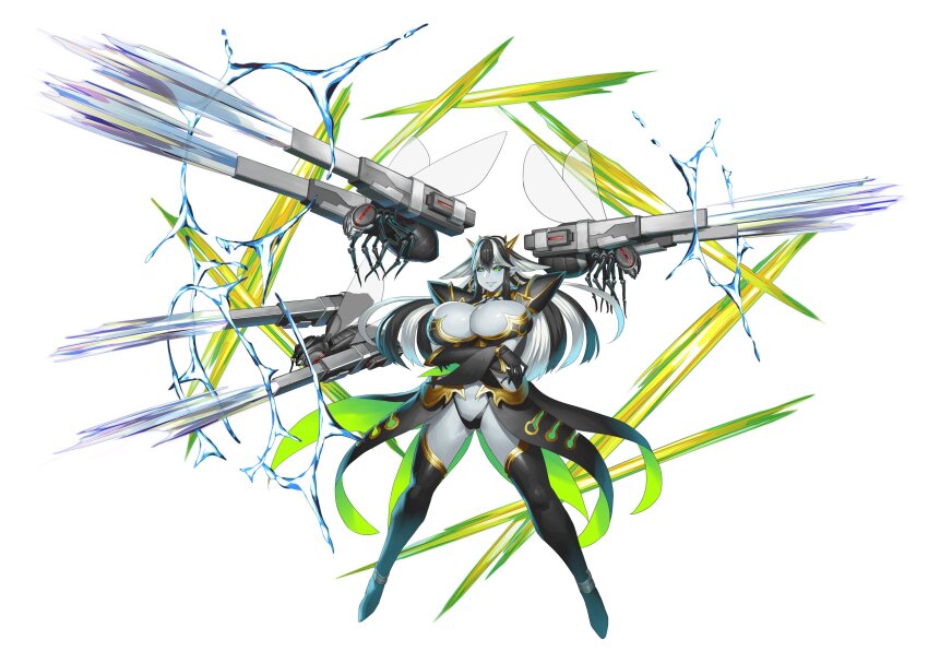 1girl absurdres armor black_hair black_panties breasts bug cleavage colored_skin commentary_request crossed_arms earrings energy_cannon green_eyes grey_skin highleg highleg_panties highres hoop_earrings huge_breasts jewelry long_hair multicolored_hair obui official_art panties pointy_ears second-party_source shoulder_armor solo taimanin_(series) taimanin_rpgx underwear white_background white_hair wisp_(taimanin_asagi)