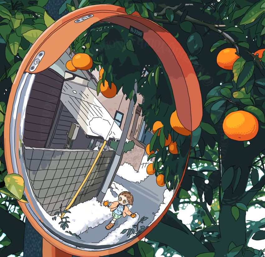 1girl boots brown_hair building food fruit green_skirt highres holding holding_food holding_fruit jacket nonentityyouth orange_(fruit) orange_tree original reflection reflection_focus short_hair skirt smile snow traffic_mirror tree twitter_username utility_pole walking watermark wide_shot