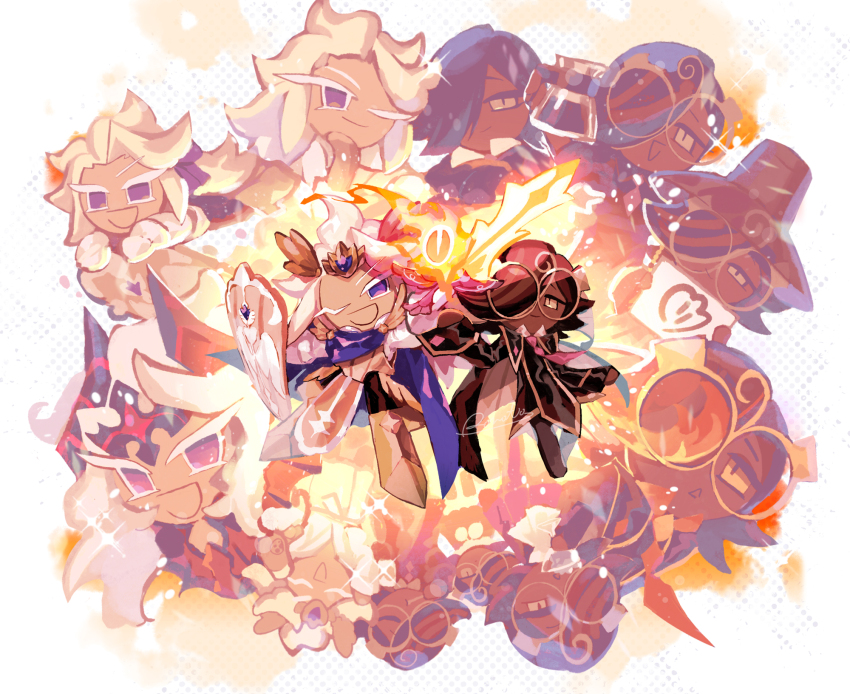 6+boys :d ;) ^_^ armored_boots back-to-back bad_id bad_pixiv_id black_cape black_coat black_pants blue_cape blue_eyes boots brown-framed_eyewear brown_hair brown_hat cape chestnut_mouth closed_eyes closed_mouth coat commentary_request cookie_run cookie_run:_kingdom dark-skinned_male dark_skin demon_horns espresso_cookie espresso_cookie_(roasted_to_the_char) fake_horns flipped_hair full_body glasses gold_boots grey_eyes hair_ornament hair_over_one_eye halftone halftone_background hat helmet highres holding holding_shield holding_sword holding_weapon horned_helmet horns inactive_account knee_boots long_hair long_sleeves madeleine_cookie madeleine_cookie_(crimson_knight) male_focus multiple_boys multiple_persona no_pupils official_alternate_costume one_eye_closed one_eye_covered open_mouth pants red_helmet rn9j shield shirt short_hair simple_background slit_pupils smile sword two-sided_cape two-sided_fabric very_dark_skin weapon white_background white_hair white_shirt