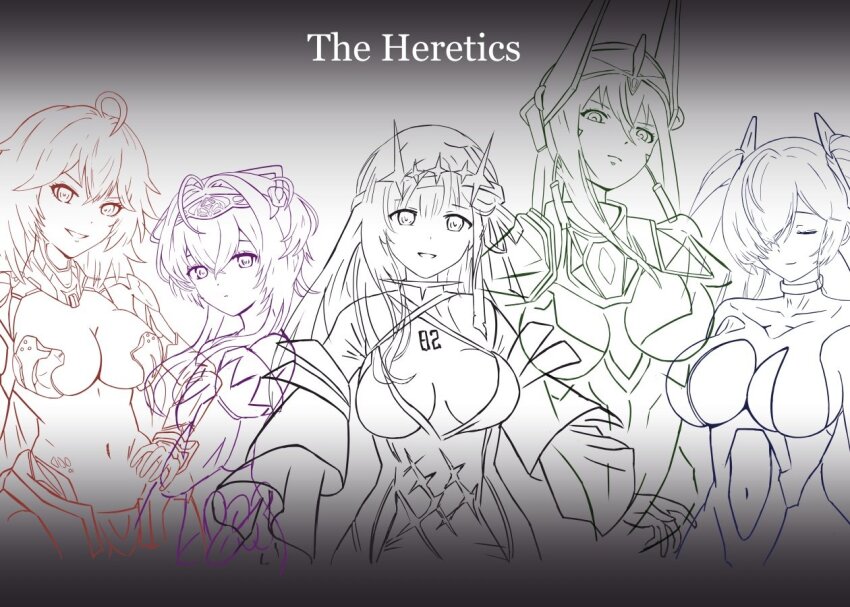 5girls :d ahoge armor armored_leotard bodysuit boobplate breastplate breasts cinderella_(nikke) closed_eyes detached_sleeves diadem dress frown goddess_of_victory:_nikke grin hair_ribbon headband headgear horns indivilia_(nikke) large_breasts leotard liberalio_(nikke) long_hair lunati_nikke marian_(nikke) mechanical_horns modernia_(nikke) modernia_(second_affection)_(nikke) monochrome multiple_girls navel nihilister_(nikke) official_alternate_costume open_mouth ribbon short_hair sketch smile twintails