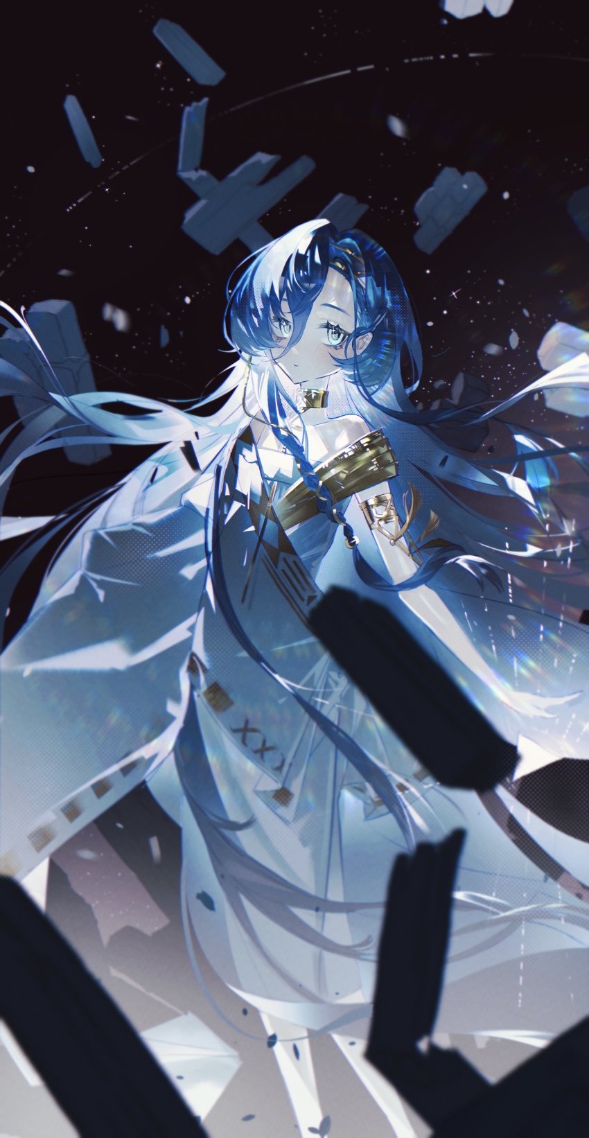 1girl 37_(reverse:1999) absurdres ancient_greek_clothes armlet asymmetrical_bangs bare_shoulders blue_eyes blue_hair closed_mouth dark_background feet_out_of_frame flat_chest gold_choker greco-roman_clothes hair_between_eyes highres jewelry light176 light_particles long_hair looking_at_viewer reverse:1999 shards single_sleeve single_wide_sleeve solo toga