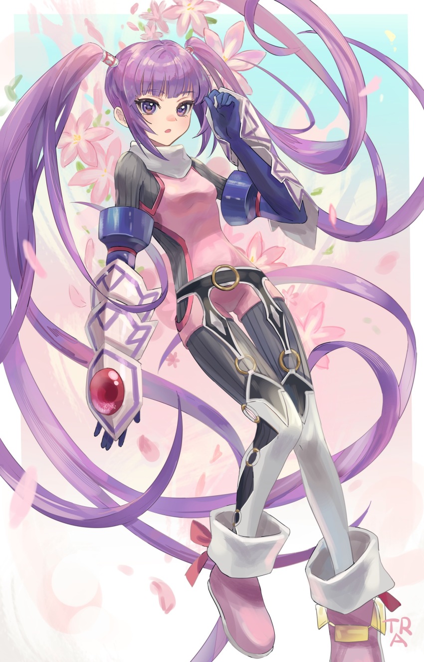 1girl artist_name blue_gloves blunt_bangs commentary elbow_gloves falling_petals floating floating_hair flower full_body gauntlets gloves highres long_hair petals purple_eyes purple_hair solo sophie_(tales) tales_of_(series) tales_of_graces tra65004535 twintails very_long_hair