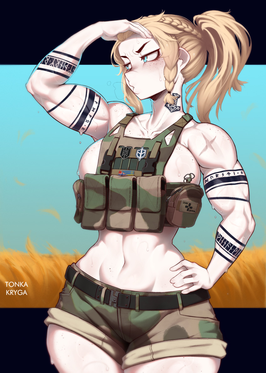 1girl absurdres artist_name azov_battalion blonde_hair blue_eyes braid breasts futhark hand_on_own_forehead hand_on_own_hip heavy_breathing highres large_breasts letterboxed load_bearing_vest midriff muscular muscular_female norwegian_flag original scar scar_on_shoulder short_shorts shorts solo sweat tattoo thighs tonka_kryga ukrainian_flag ukrainian_ground_forces wolfsangel
