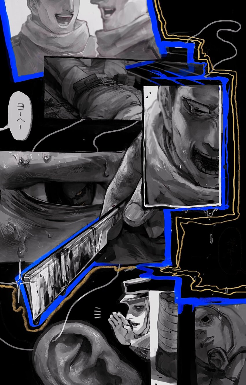 3boys bags_under_eyes belt belt_pouch blood bloody_weapon brothers collage commentary commentary_request constricted_pupils crying crying_with_eyes_open eye_reflection glint golden_kamuy greyscale hand_to_own_mouth helmet highres holding holding_razor leg_wrap looking_ahead looking_down male_focus monochrome multiple_boys nervous_sweating nikaidou_kouhei nikaidou_youhei open_mouth osakanaman_7 pouch razor reflection scarf severed_ear severed_leg severed_limb siblings smile speech_bubble spot_color straight_razor sweat tears translated tsurumi_tokushirou weapon whispering