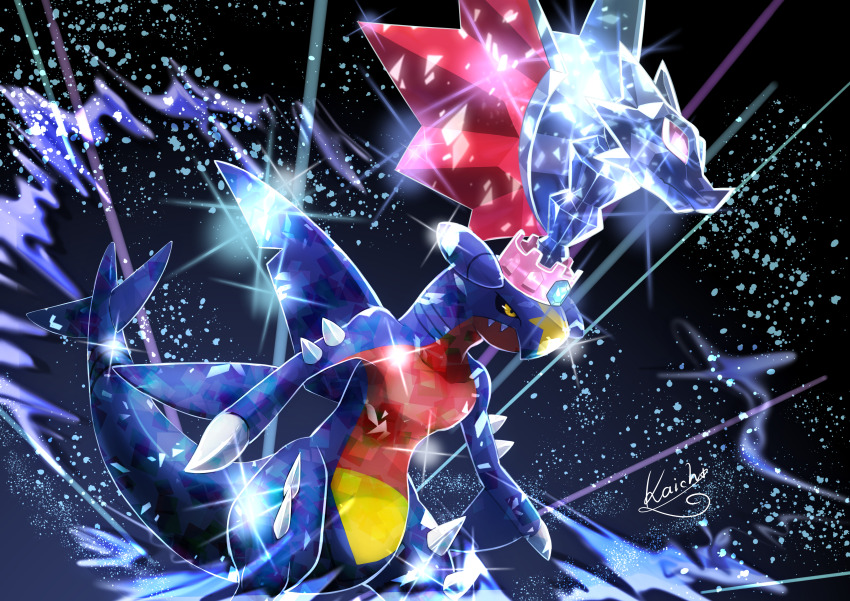 absurdres black_sclera claws closed_mouth colored_sclera commentary_request crystal fangs fangs_out garchomp gen_4_pokemon highres kaichi_(tomiyu25) nintendo no_humans pokemon pokemon_(creature) signature solo terastallization yellow_eyes