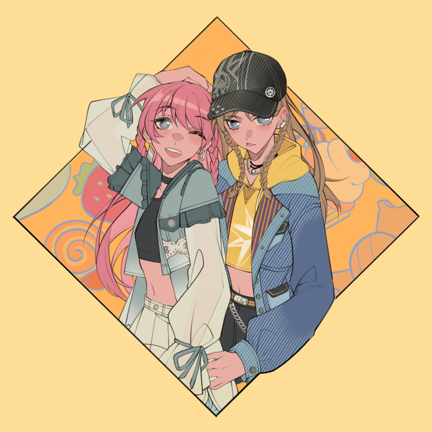 2girls absurdres arm_up bang_dream! bang_dream!_it&#039;s_mygo!!!!! black_skirt blue_jacket breasts brown-framed_eyewear cang_(akaga204) chihaya_anon chinese_commentary commentary_request ear_piercing earrings fang grey-framed_eyewear highres horns jacket jewelry long_hair looking_at_viewer midriff multiple_girls nagasaki_soyo navel one_eye_closed open_mouth piercing pink_hair sideboob skirt teeth upper_teeth_only watermark weibo_watermark yellow_horns