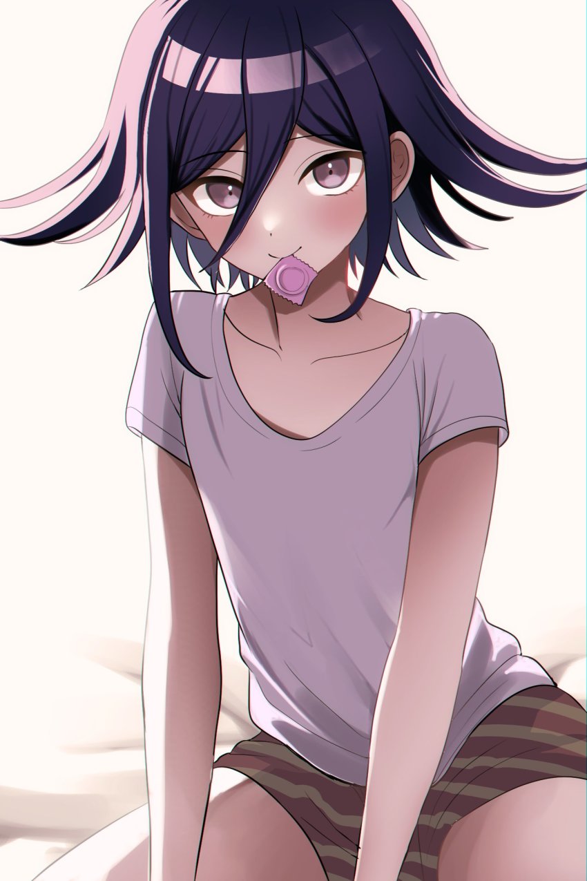 1girl alternate_costume brown_eyes brown_male_underwear collarbone condom condom_in_mouth condom_wrapper danganronpa_(series) danganronpa_v3:_killing_harmony grey_shirt hair_between_eyes highres looking_at_viewer male_underwear medium_hair mouth_hold oma_kokichi plaid_clothes plaid_male_underwear purple_hair shiny_skin shirt short_sleeves sitting solo underwear urami0310