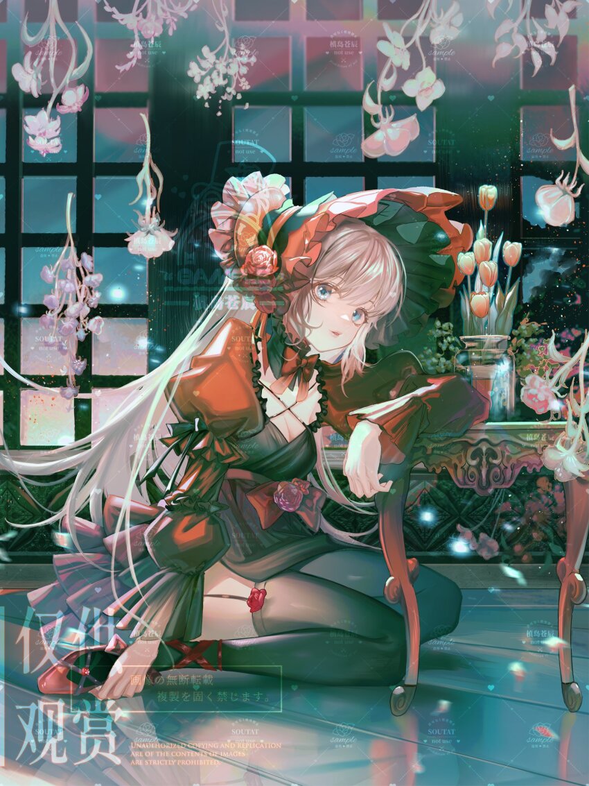 1girl arm_on_table black_bow black_choker black_dress black_thighhighs blonde_hair blue_eyes bonnet bow bowtie breasts cangchen choker cleavage commentary cross-laced_clothes cross-laced_dress dress english_commentary eyelashes flower frilled_choker frilled_hat frilled_skirt frills full_body hand_on_own_foot hanging_on hat hat_flower hat_ribbon highres indoors jar layered_sleeves leg_ribbon light_particles long_hair long_sleeves looking_at_viewer medium_breasts original parted_lips pink_flower pink_lips plant potted_plant puffy_short_sleeves puffy_sleeves red_bonnet red_bow red_bowtie red_flower red_ribbon red_rose red_shoes red_sleeves reflective_floor ribbed_legwear ribbon rose sample_watermark shoes short_dress short_over_long_sleeves short_sleeves sitting skirt sleeve_bow solo sunset thighhighs tulip very_long_hair watermark window