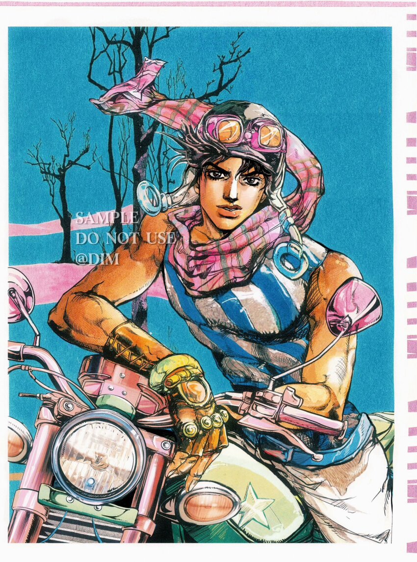 1boy 2000s_(style) araki_hirohiko_(style) aviator_cap aviator_goggles bare_tree battle_tendency blue_background blue_tank_top brown_gloves cowboy_shot dim_7976 eyelashes fingerless_gloves gloves goggles goggles_on_headwear highres jojo_no_kimyou_na_bouken joseph_joestar joseph_joestar_(young) leather leather_gloves looking_at_viewer male_focus motor_vehicle motorcycle official_style on_motorcycle pants parody parted_lips pink_scarf scarf shirt sleeveless solo star_(symbol) striped_clothes striped_scarf striped_shirt style_parody tank_top tree vertical-striped_clothes vertical-striped_scarf white_pants white_tank_top