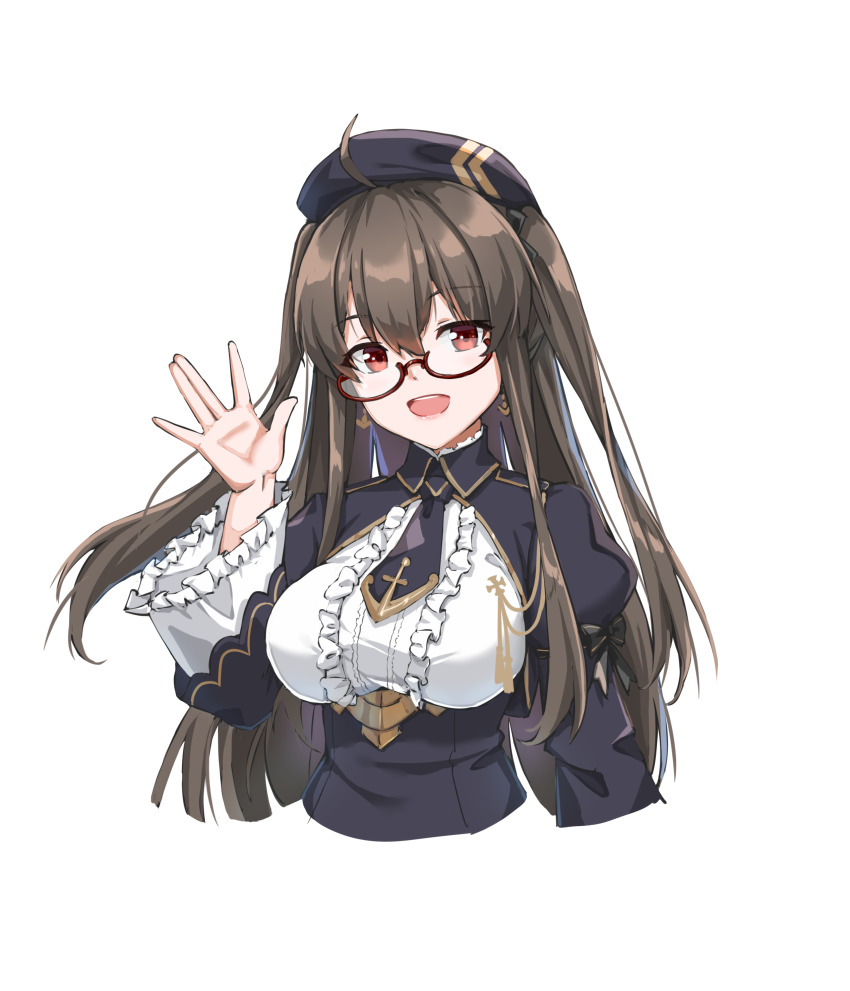 1girl absurdres ahoge arm_up azur_lane beret breasts brown_hair dress earrings glasses hat highres jewelry london_(azur_lane) london_(retrofit)_(azur_lane) long_hair looking_at_viewer medium_breasts open_mouth red_eyes smile solo_focus sundajin_asagi upper_body white_background