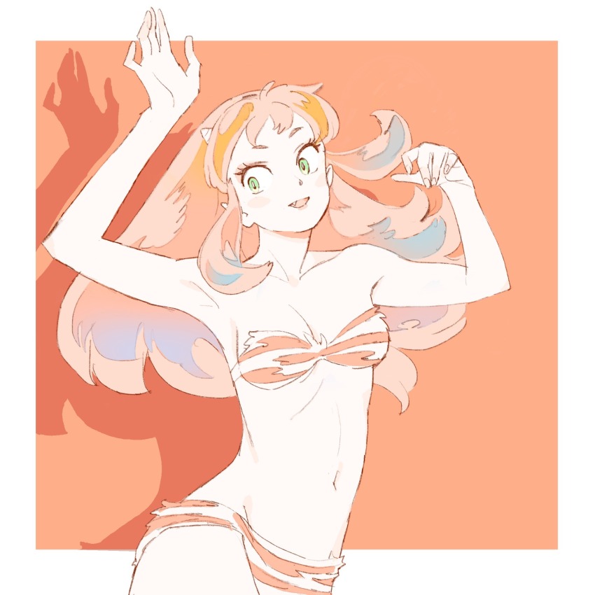 1girl 55bata6rou animal_print arm_up bikini border breasts cleavage collarbone cone_horns cowboy_shot drop_shadow fang floating_hair fur_bikini green_eyes hand_up highres horns long_hair looking_at_viewer lum medium_breasts navel oni open_mouth orange_background outside_border partially_colored pointy_ears print_bikini small_horns smile solo standing strapless strapless_bikini swimsuit tiger_print urusei_yatsura white_border