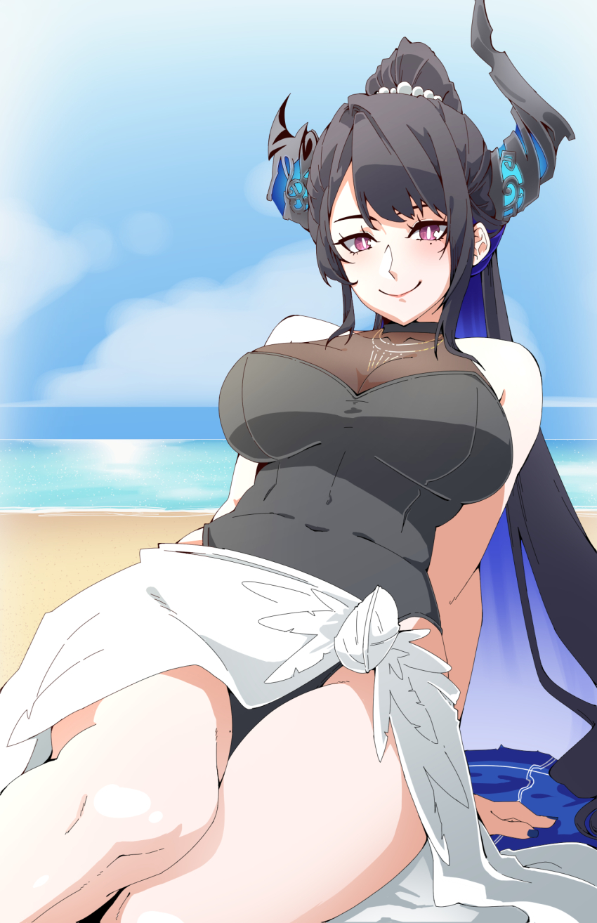 1girl asymmetrical_horns beach black_hair black_one-piece_swimsuit blue_hair blush breasts colored_inner_hair commentary demon_horns english_commentary high_ponytail highres hololive hololive_english horns joeboto large_breasts long_hair looking_at_viewer mole mole_on_thigh mole_under_eye multicolored_hair nerissa_ravencroft ocean one-piece_swimsuit ponytail red_eyes sand sarong smile solo swimsuit two-tone_hair uneven_horns very_long_hair virtual_youtuber white_sarong