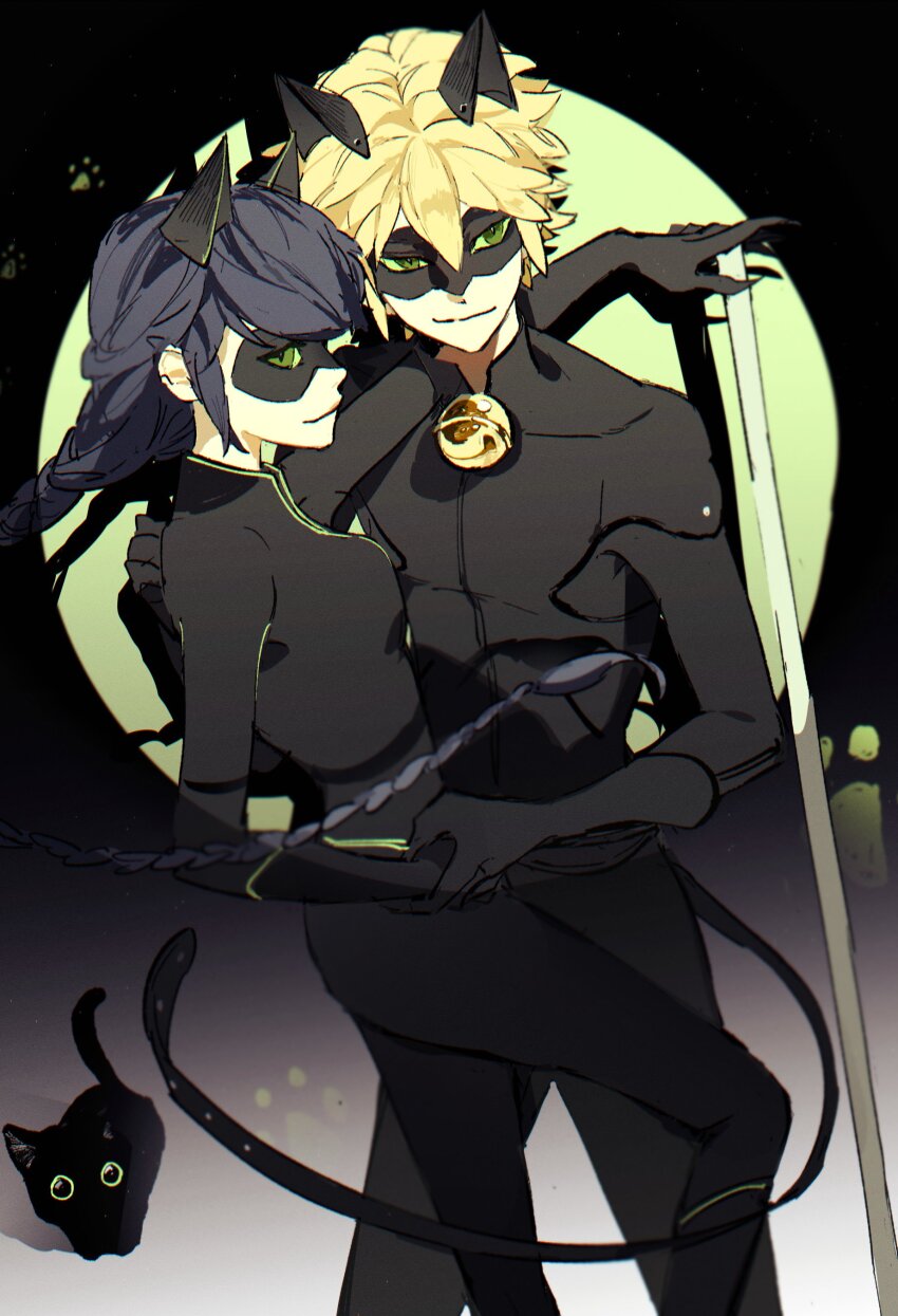 1boy 1girl absurdres adrien_agreste animal_ears bell black_bodysuit black_cat black_hair black_mask blonde_hair bodysuit braid cat cat_boy cat_ears cat_girl chat_noir chromatic_aberration closed_mouth ddun_ddara green_eyes highres jingle_bell lady_noir long_hair marinette_dupain-cheng miraculous_ladybug short_hair single_braid smile superhero_costume very_long_hair