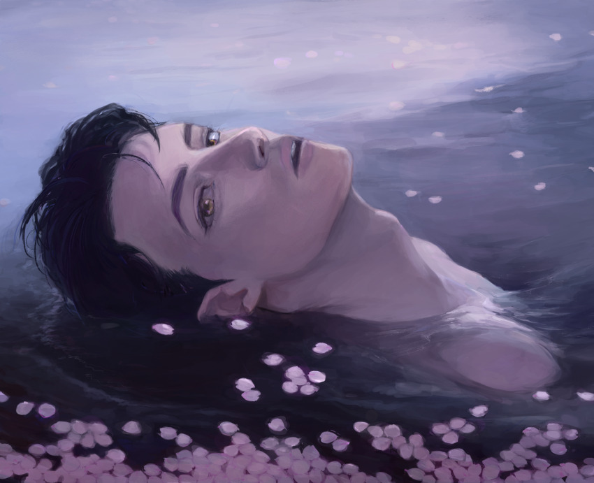 1boy adam&#039;s_apple black_hair brown_eyes day golden_kamuy hanazawa_yusaku highres looking_at_viewer male_focus norinoe open_mouth outdoors partially_submerged petals short_hair solo