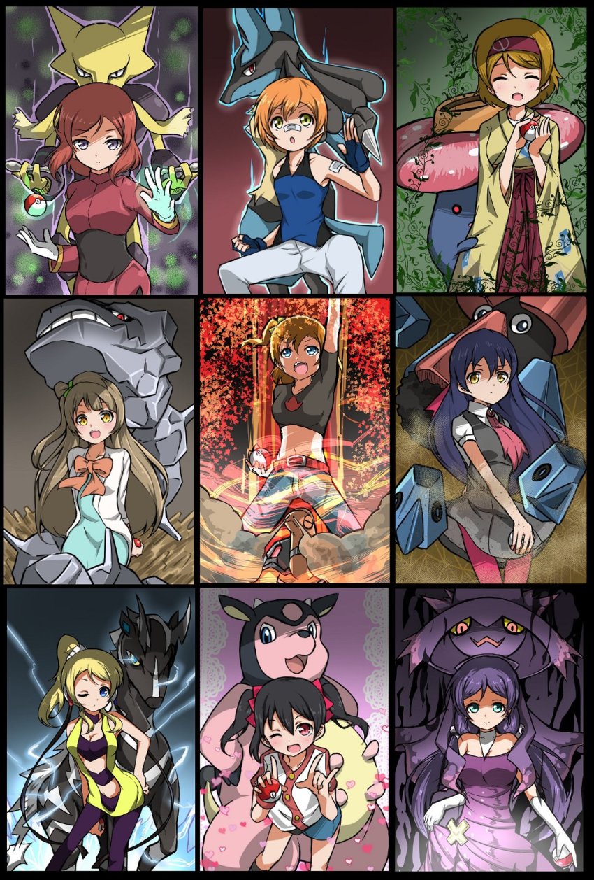 6+girls absol alakazam amatume111 arm_up ayase_eli bandaid bandaid_on_face bandaid_on_nose belt black_hair blonde_hair blue_dress blue_hair breasts brown_hair cleavage cosplay crossover dress elbow_gloves elesa_(pokemon) elesa_(pokemon)_(cosplay) erika_(pokemon) erika_(pokemon)_(cosplay) fantina_(pokemon) fantina_(pokemon)_(cosplay) flannery_(pokemon) flannery_(pokemon)_(cosplay) gen_1_pokemon gen_2_pokemon gen_3_pokemon gen_4_pokemon gloves hairband highres hoshizora_rin jasmine_(pokemon) jasmine_(pokemon)_(cosplay) koizumi_hanayo kosaka_honoka love_live! love_live!_school_idol_project lucario maylene_(pokemon) maylene_(pokemon)_(cosplay) miltank minami_kotori misdreavus multiple_girls nintendo nishikino_maki nosepass orange_hair pantyhose pink_hairband pink_legwear poke_ball poke_ball_(basic) pokemon purple_dress purple_hair red_hair roxanne_(pokemon) roxanne_(pokemon)_(cosplay) sabrina_(pokemon) sabrina_(pokemon)_(cosplay) short_shorts shorts smoke sonoda_umi spoon standing steelix tojo_nozomi torkoal vileplume whitney_(pokemon) whitney_(pokemon)_(cosplay) yazawa_nico