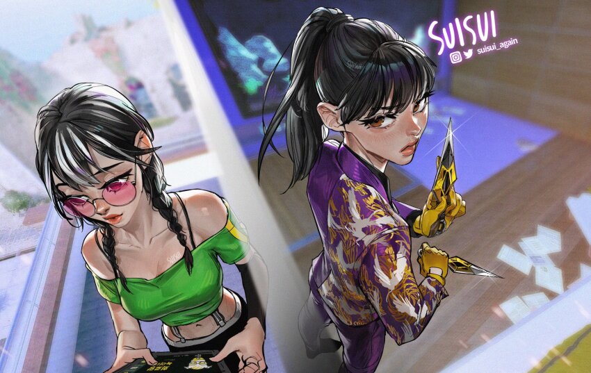 2girls artist_name azami_(rainbow_six_siege) black-framed_eyewear bra_strap braid breasts dokkaebi_(rainbow_six_siege) glasses gloves highres holding_kunai holding_weapon kunai lips medium_breasts multicolored_hair multiple_girls ponytail rainbow_six_siege streaked_hair suisui_again tablet_pc twin_braids weapon yellow_gloves