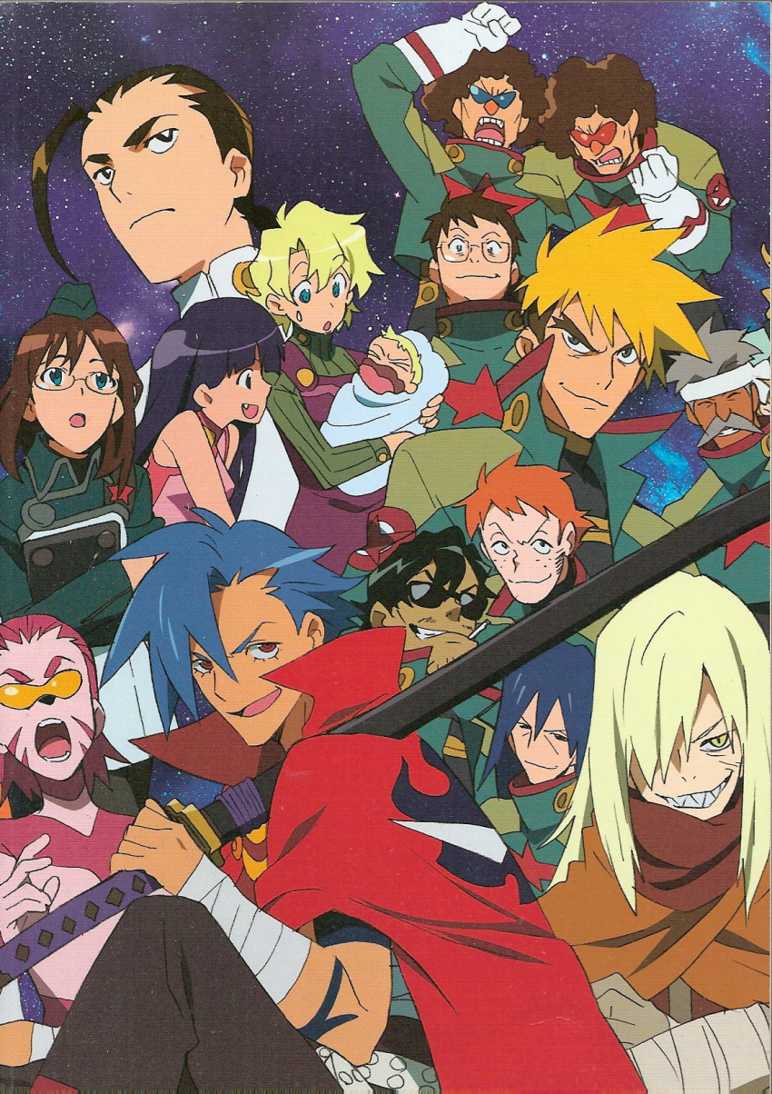 00s 4girls 6+boys ailac_coega anne_(ttgl) barinbo boota_(ttgl) gabal_docker hair_over_one_eye highres jogan kamina_(ttgl) kidd_coega kinon_bachika kittan_bachika kiyal_bachika kiyoh_bachika long_hair multiple_boys multiple_girls nishigori_atsushi official_art oversized_limbs rossiu_adai scan space tengen_toppa_gurren_lagann tetsukan viral_(ttgl) zoushi_kanai
