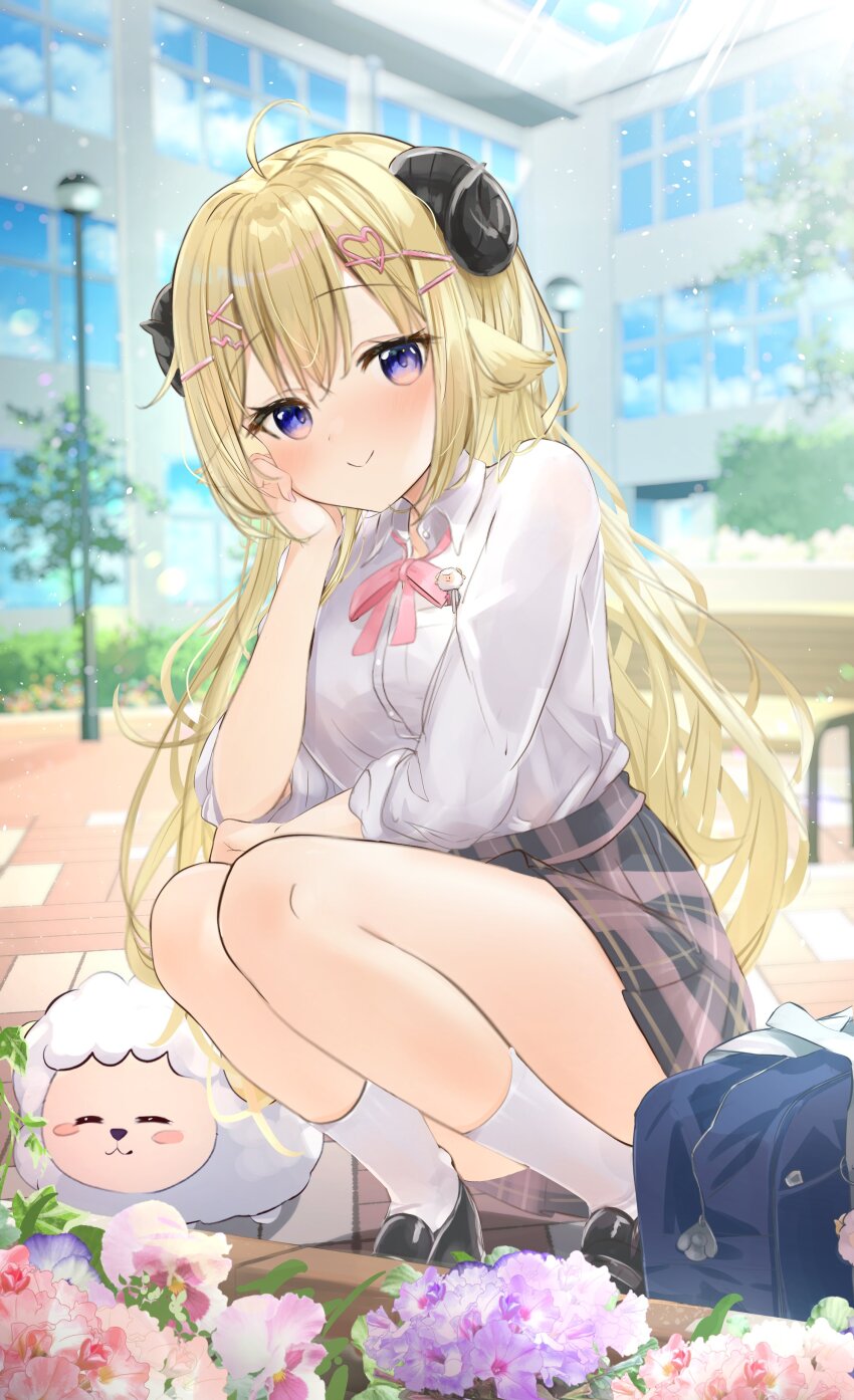 1girl absurdres ahoge animal_ears bag blonde_hair blush bow bowtie breasts closed_mouth collared_shirt curled_horns flower hai_0013 hair_ornament hairclip highres hololive horns large_breasts long_hair looking_at_viewer medium_breasts plaid_clothes plaid_skirt pleated_skirt purple_eyes ribbon school_bag school_uniform sheep sheep_ears sheep_girl sheep_horns shirt short_hair skirt smile socks solo tsunomaki_watame very_long_hair virtual_youtuber white_shirt white_socks