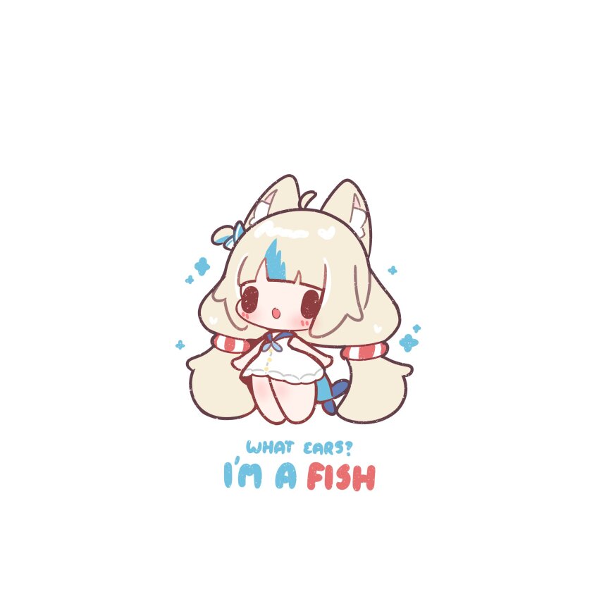 1girl absurdres ahoge animal_ear_fluff animal_ears blonde_hair blue_hair cat_ears chibi decrilus dress fins fish_tail highres indie_virtual_youtuber long_hair low_twintails multicolored_hair sameko_saba streaked_hair tail twintails very_long_hair virtual_youtuber white_background white_dress