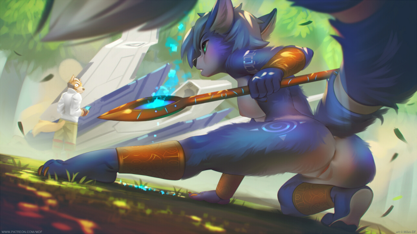 1boy 1girl animal_ears anklet arm_support arwing ass blurry bracer cleft_of_venus depth_of_field fox_ears fox_mccloud fox_tail furry headset jewelry krystal looking_back miles-df nintendo nipples pussy staff star_fox star_fox_adventures tail third-party_edit uncensored