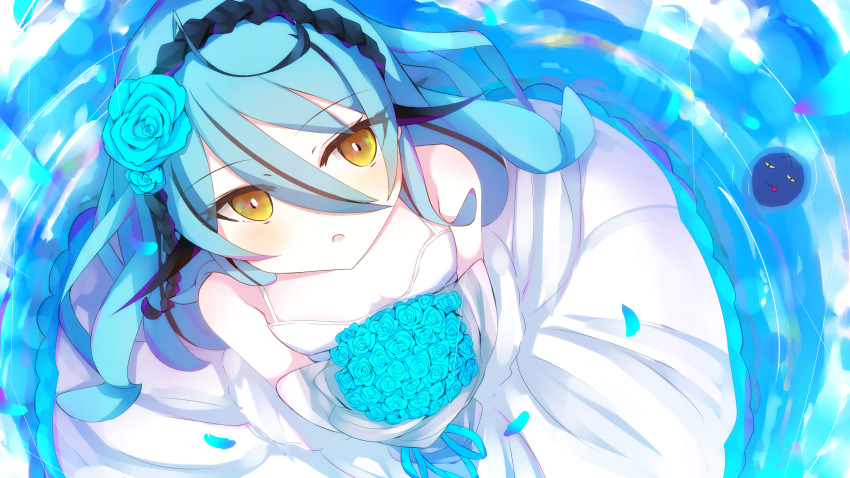 1girl :o ahoge aqua_hair bad_id bad_pixiv_id blue_flower blush commentary flower from_above hair_between_eyes hair_flower hair_ornament highres looking_at_viewer nijisanji nijisanji_kr open_mouth orange_eyes popoko_(pokopokosuisei) ryu_hari solo virtual_youtuber