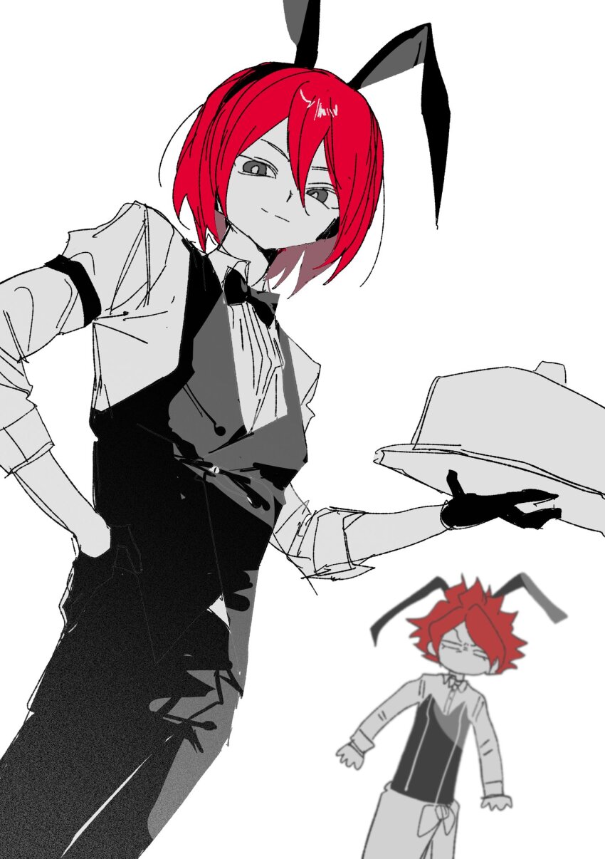 2boys animal_ear_hairband animal_ears black_gloves black_necktie black_pants black_vest bright_pupils cowboy_shot fake_animal_ears gloves goguma_wagamja grey_eyes hairband hand_in_pocket highres holding holding_plate inazuma_eleven inazuma_eleven_(series) kiyama_hiroto looking_at_viewer male_playboy_bunny multiple_boys necktie pants plate rabbit_ear_hairband rabbit_ears shirt short_hair simple_background sketch smile vest white_background white_pupils white_shirt