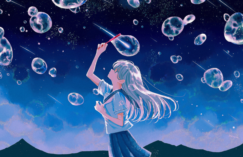 bubble bubble_wand earth_(planet) fantasy highres meteor_shower night night_sky original pale_skin planet sky star_(sky) surreal white_hair yanagima_yu03