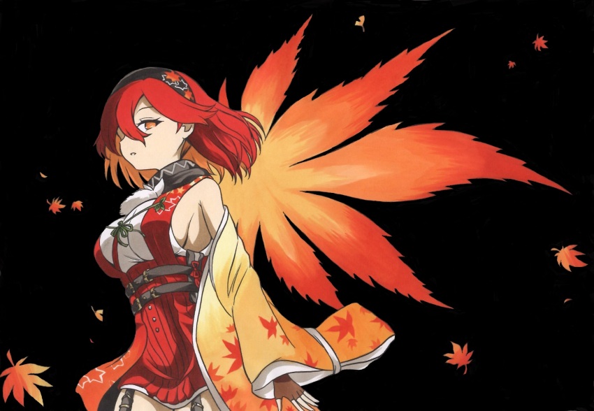 1girl ajikeneko black_background breasts fingerless_gloves garter_straps gloves hairband haori highres japanese_clothes kureha_(senran_kagura) large_breasts leaf_print maple_leaf_print multicolored_hair orange_eyes orange_hair print_hairband red_hair senran_kagura short_sleeves sideboob tassel two-tone_hair v-bangs yellow_haori