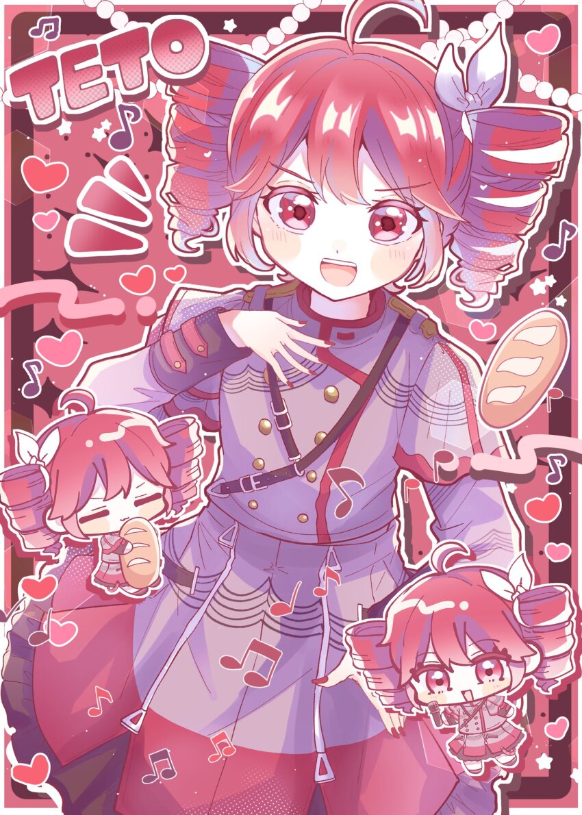 ahoge baguette birthday black_shoes black_skirt black_sleeve_cuffs blush bow bread buttons character_name chibi clone commentary_request double-breasted food grey_jacket grey_skirt hair_between_eyes hair_bow hair_ribbon hand_up heart highres hinase_yuta holding holding_food inset_border jacket kasane_teto kasane_teto_(sv) layered_skirt layered_sleeves long_sleeves looking_at_viewer musical_staff open_mouth outside_border red_background red_eyes red_hair red_skirt red_trim ribbon shoes shoulder_belt shoulder_boards skirt striped_clothes striped_jacket synthesizer_v teeth upper_teeth_only utau white_bow white_ribbon