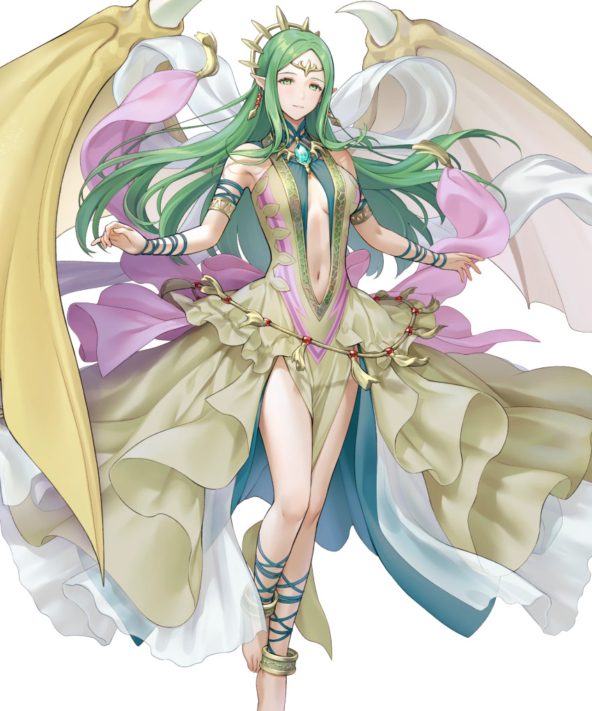 1girl anklet barefoot breasts cleavage clothing_cutout dragon_girl dragon_wings female_focus fire_emblem fire_emblem:_mystery_of_the_emblem fire_emblem:_shadow_dragon_and_the_blade_of_light fire_emblem_heroes green_eyes green_hair highres jewelry long_hair matching_hair/eyes medium_breasts naga_(fire_emblem) naga_(ruler_of_dragons)_(fire_emblem) navel navel_cutout nintendo non-web_source official_alternate_costume official_art plunging_neckline pointy_ears solo wings