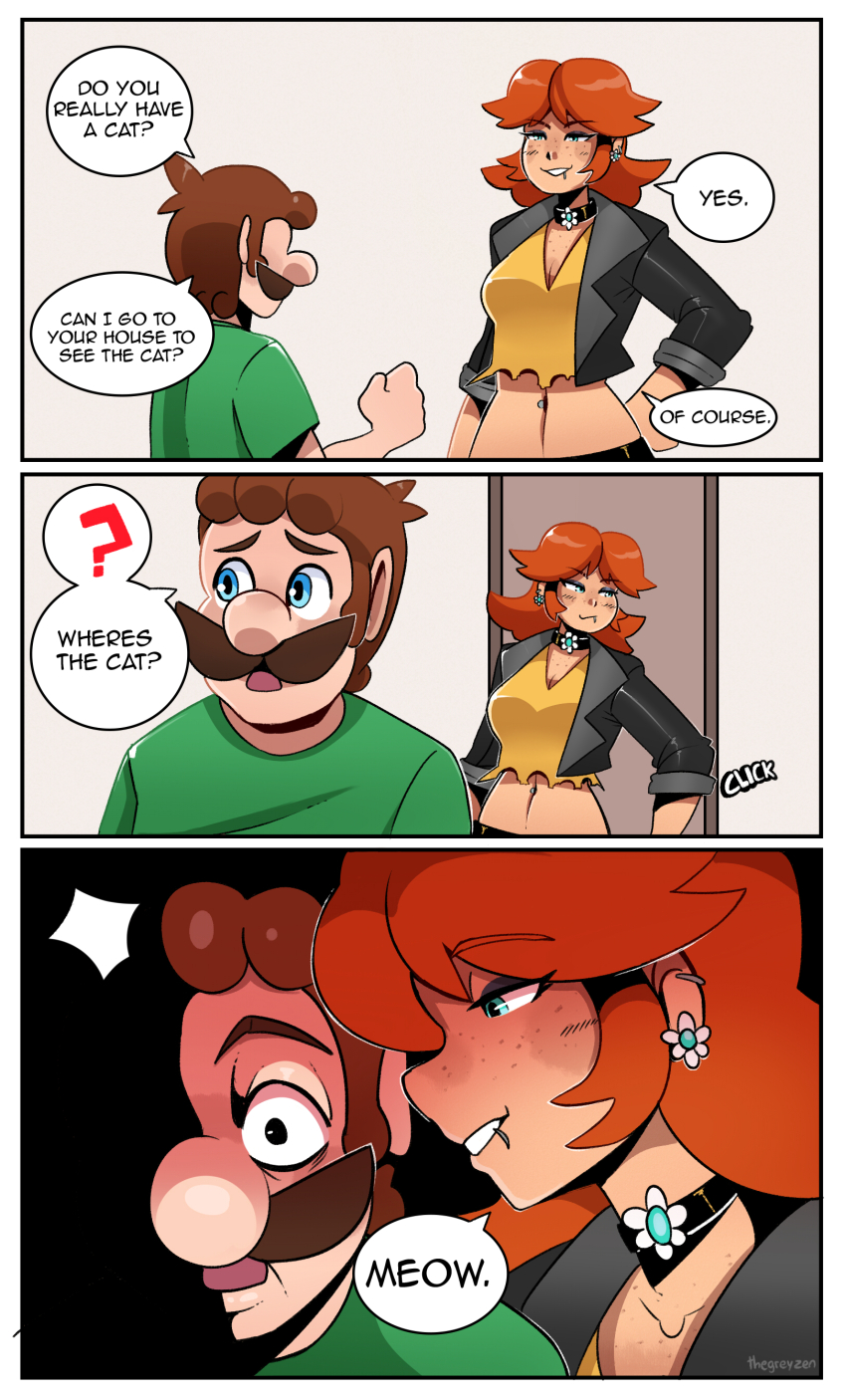 1boy 1girl ? absurdres alternate_costume blue_eyes blush breasts brown_hair earrings english_text facial_hair freckles highres jacket jewelry large_breasts leather leather_jacket luigi mario_(series) meme mustache navel_piercing necklace nintendo orange_hair piercing princess_daisy short_hair size_difference speech_bubble super_mario_bros._1 super_mario_land thegreyzen where&#039;s_the_cat?_(meme) whispering