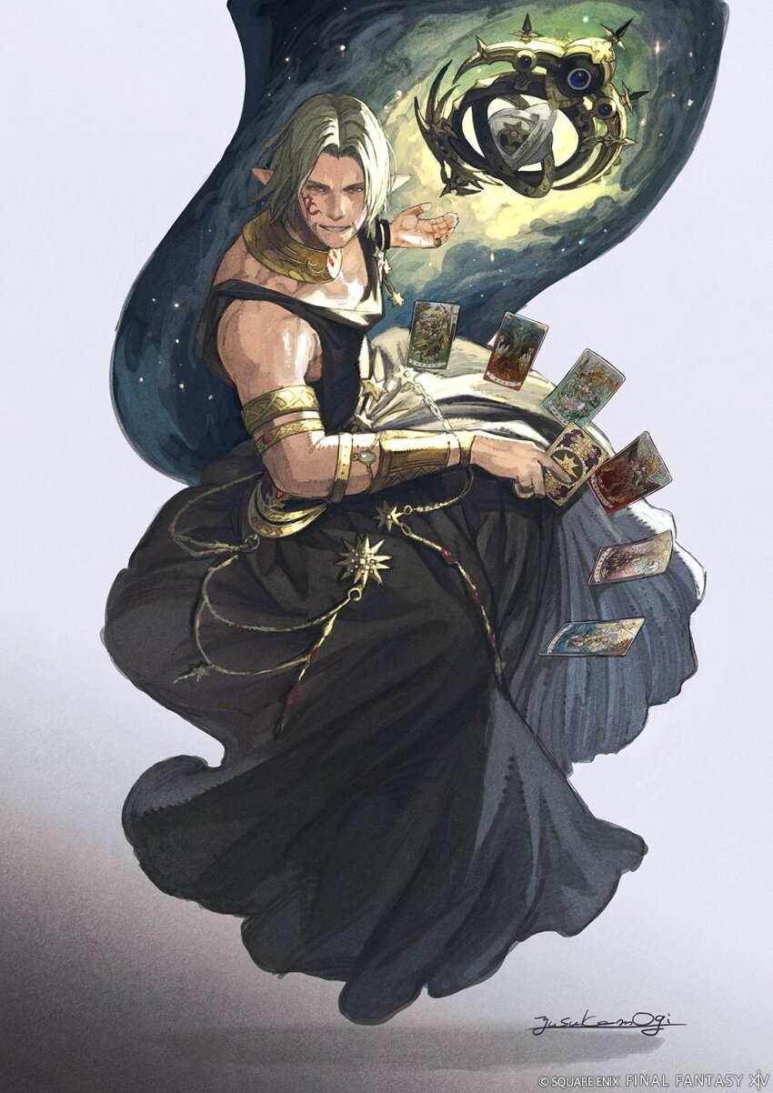 1boy armlet artist_name astrologian_(final_fantasy) bare_shoulders black_robe bracelet brown_eyes card company_name copyright_name copyright_notice elezen elf facial_hair facial_tattoo final_fantasy final_fantasy_xiv floating floating_card floating_object floating_weapon from_above full_body gradient_background grey_hair highres holding holding_card jewelry male_focus mogi_yuusuke neck_ring official_art pointy_ears ring robe short_hair signature simple_background smile solo tattoo urianger_augurelt white_background
