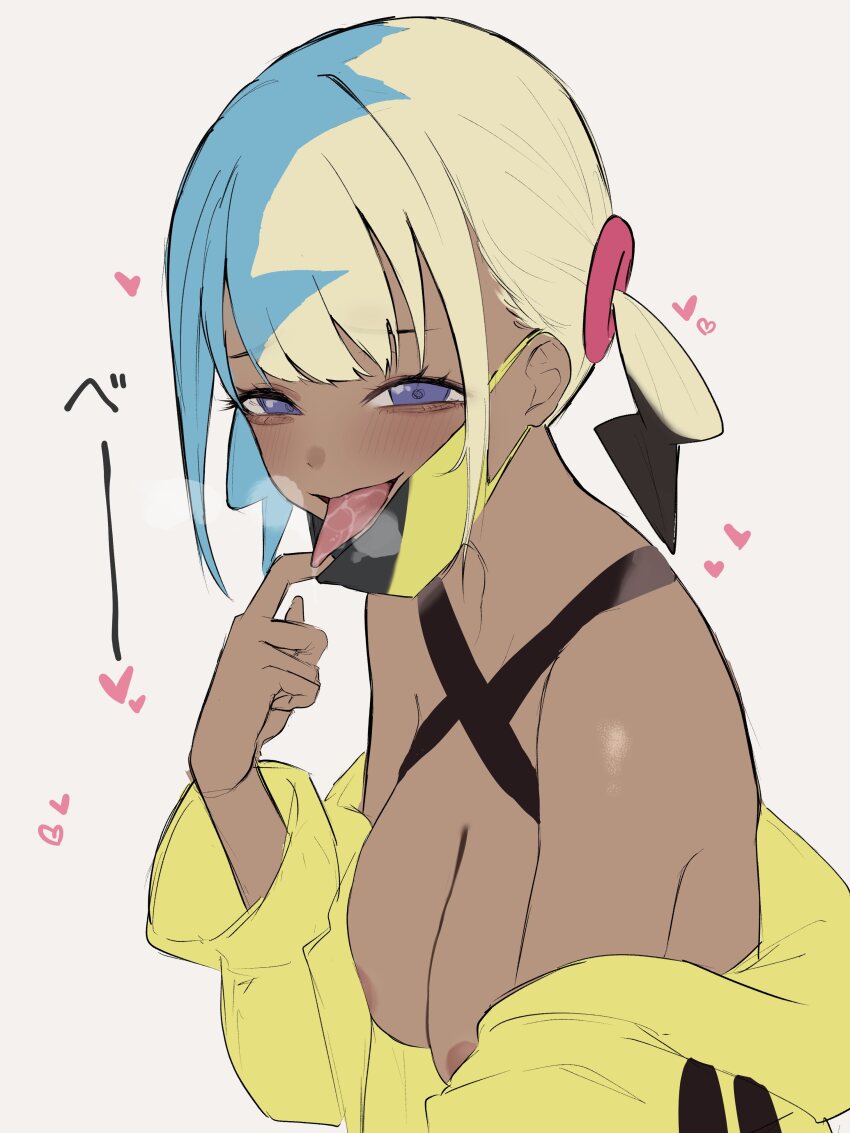 1girl absurdres aqua_hair bandeau black_mask blonde_hair breasts breath canari_(pokemon) commentary_request criss-cross_halter dera_self halterneck highres jacket looking_at_viewer mask mask_pull mouth_mask multicolored_hair nintendo nipples pokemon pokemon_legends:_z-a short_twintails solo split-color_hair steam sweat tongue tongue_out twintails two-tone_mask upper_body yellow_bandeau yellow_jacket yellow_mask