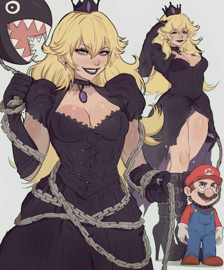 1boy 1girl absurdres black_choker black_dress black_footwear black_gloves black_lips blonde_hair blue_overalls boots breasts brown_hair chain chain_chomp choker cleavage crown dark_persona dress earrings facial_hair fishnet_armwear full_body gloves goth_fashion grin hair_between_eyes hat high-low_skirt high_heel_boots high_heels highres holding holding_leash jewelry leash long_hair mario mario_(series) medium_breasts mini_crown multiple_views mustache nintendo overalls pendant_choker princess_peach puffy_short_sleeves puffy_sleeves red_hat red_shirt shirt short_sleeves smile studded_choker teeth the_super_mario_bros._movie upper_body white_background white_gloves yoracrab