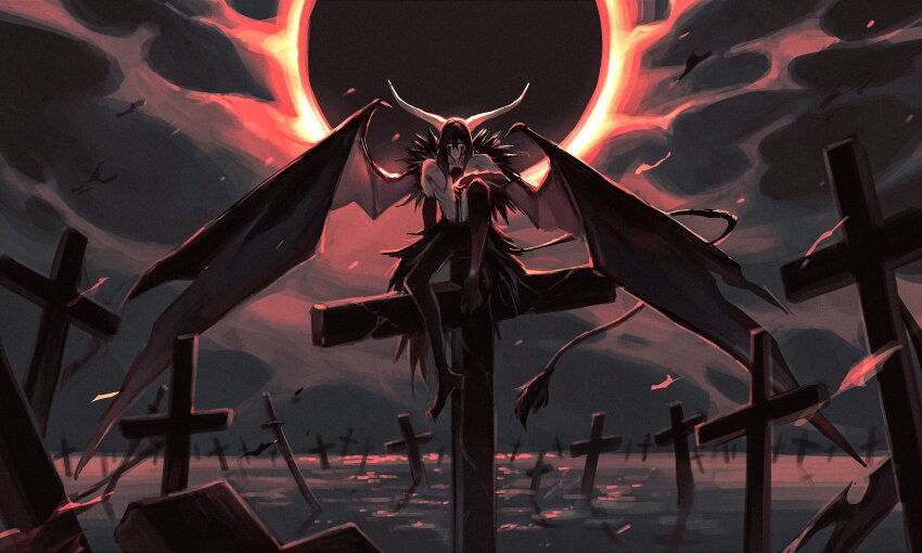 1boy arm_on_knee bat_wings black_fur black_hair bleach cloud cloudy_sky colored_sclera cross demon_horns eclipse facepaint graveyard green_sclera hair_between_eyes highres hole_in_chest hole_on_body horns long_hair looking_at_viewer male_focus ocean pale_skin sitting sitting_on_object sky solo tail takenokoqvq ulquiorra_cifer wings wreckage yellow_eyes