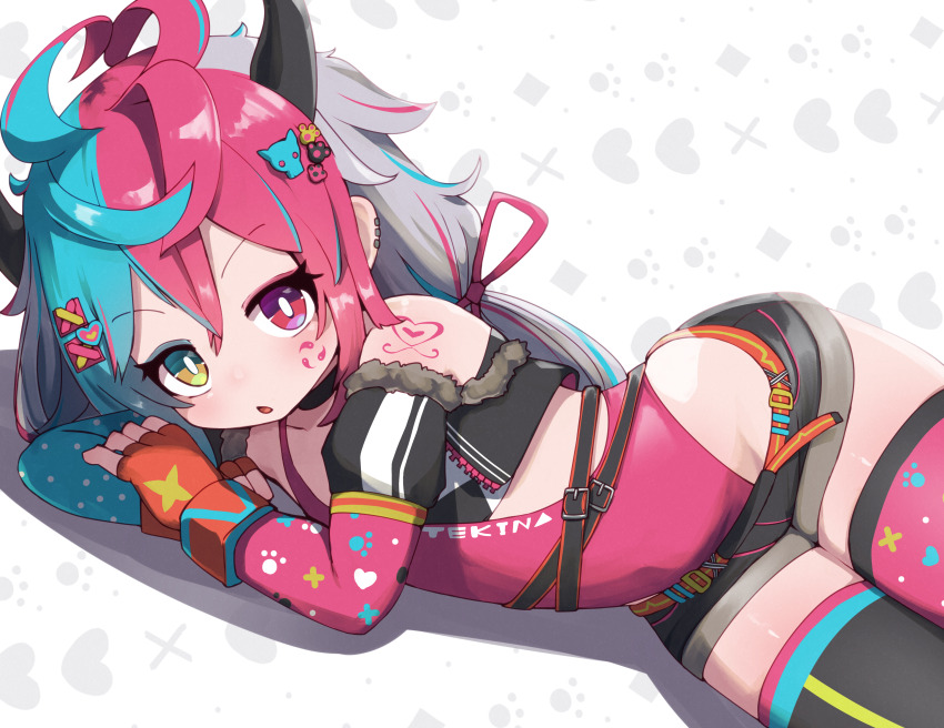 1girl absurdres aqua_eyes asymmetrical_legwear beatmania_(series) beatmania_iidx bemani black_choker black_horns black_jacket black_shirt black_shorts black_thighhighs blue_hair blue_thighhighs bright_pupils character_request choker clothing_cutout commentary_request crop_top cropped_jacket demon_horns facial_mark fingerless_gloves flat_chest fur-trimmed_jacket fur_trim gloves grey_hair hair_between_eyes hair_ornament hair_ribbon heart heart_hair_ornament heart_tattoo heterochromia highres horns jacket leotard long_sleeves looking_at_viewer low_twintails lying mismatched_legwear multicolored_eyes multicolored_hair multicolored_thighhighs no_nose on_side open_clothes open_jacket open_mouth orange_gloves paw_hair_ornament pink_eyes pink_hair pink_leotard pink_ribbon pink_thighhighs ribbon shirt short_shorts shorts shoulder_tattoo solo stomach_cutout tattoo tekina_(chmr) thighhighs twintails two-tone_eyes two-tone_shirt white_pupils white_shirt x_hair_ornament yellow_eyes yellow_thighhighs