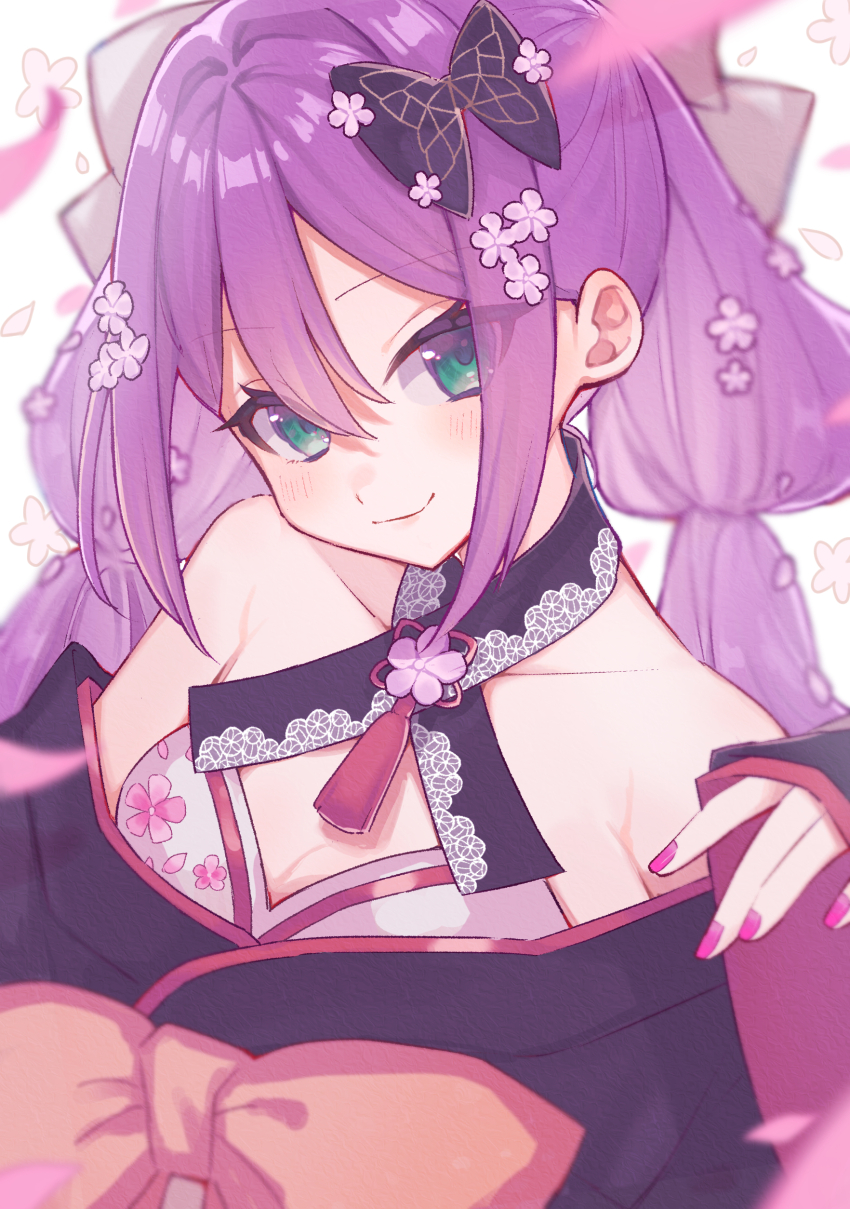 1girl absurdres bare_shoulders black_kimono blue_bag blue_eyes bow breasts butterfly_bow butterfly_hair_ornament cleavage closed_mouth collarbone criss-cross_halter flower hair_between_eyes hair_bow hair_flower hair_ornament halterneck hamunama highres japanese_clothes kimono long_hair looking_at_viewer low_twintails medium_breasts nijisanji obi off_shoulder pink_nails purple_hair sakura_ritsuki sakura_ritsuki_(1st_costume) sash smile solo twintails upper_body virtual_youtuber wide_sleeves yellow_sash
