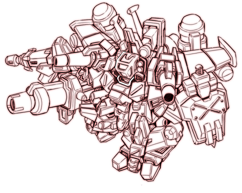 arm_shield canopy_(aircraft) caterpillar_tracks chibi highres lineart mecha monochrome no_humans razangriff_raven robot science_fiction shoulder_cannon solo super_robot_wars super_robot_wars_original_generation uungunover white_background