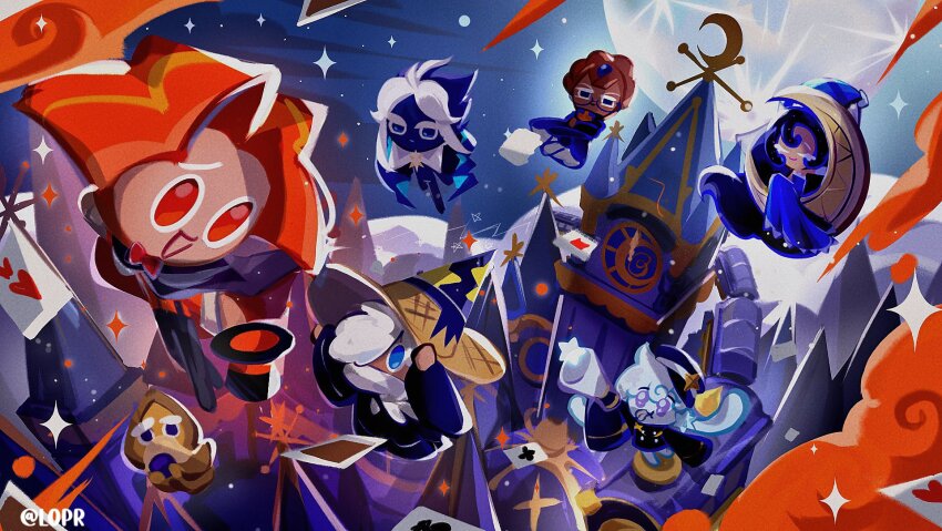3girls 4boys :d absurdly_long_hair ace_(playing_card) ace_of_hearts artist_name bare_shoulders black_cape black_hair black_hat black_jacket black_robe blue-framed_eyewear blue_dress blue_eyes blue_hair blue_hat blue_skin blue_sky blueberry_pie_cookie blunt_ends brooch brother_and_sister brown_hair brown_robe buttons cape card cinnamon_cookie clock clock_tower closed_eyes closed_mouth colored_skin commentary cookie_run cookie_run:_kingdom cookie_run:_ovenbreak crescent curtained_hair dark-skinned_female dark_skin double-breasted double-parted_bangs dress elbow_gloves english_commentary facial_hair film_grain floating full_moon glasses gloves hair_between_eyes hair_ornament hair_over_one_eye hat heart highres holding holding_telescope hood hood_up hooded_robe jacket jewelry long_dress long_hair long_sleeves loprna low_twintails milky_way_cookie moon moonlight_cookie multicolored_hair multiple_boys multiple_girls mustache night one_eye_covered open_mouth orange_hair outdoors parted_bangs playing_card prophet_cookie red_eyes robe round_eyewear scarf shako_cap short_hair siblings sitting sky sleeves_past_fingers sleeves_past_wrists smile solid_oval_eyes sparkle star_(symbol) star_brooch star_hair_ornament stardust_cookie strapless strapless_dress telescope tower twintails two-tone_hair u_u very_long_hair white_gloves white_hair white_scarf white_skin wide_sleeves wizard_cookie wizard_hat
