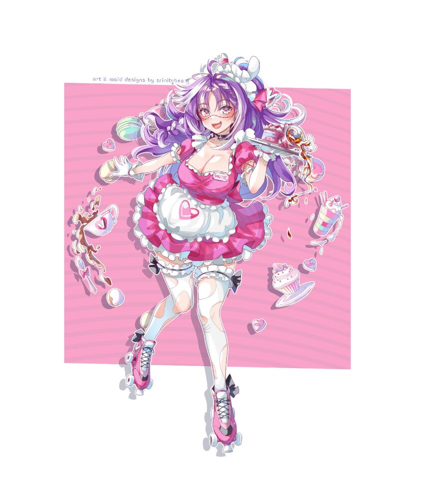 1girl apron artist_name braid breasts cake cleavage cup cupcake dress food frilled_dress frills gloves grey_eyes hair_ornament hair_ribbon heart heart-shaped_pupils highres holding holding_plate inline_skates large_breasts long_hair macaron maid_headdress michi_mochievee milkshake multicolored_hair name_tag open_mouth pink_dress pink_pupils pink_ribbon plate purple_hair ribbon roller_skates skates smile solo spilling srinitybeast stitched_face stitches streaked_hair symbol-shaped_pupils teacup thighhighs torn_clothes torn_thighhighs virtual_youtuber vshojo waist_apron white_apron white_gloves white_hair white_thighhighs