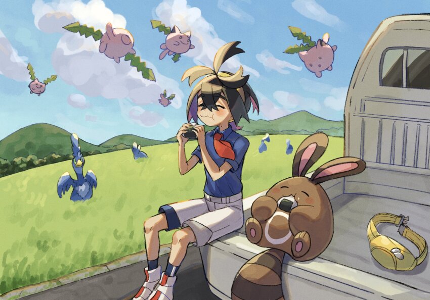 1boy bag black_hair blue_shirt blue_sky blue_socks blush cloud collared_shirt cramorant crossed_bangs day eating food gen_2_pokemon gen_8_pokemon grass hairband highres holding holding_food hoppip kieran_(pokemon) matsuda_(0yx38755230263c) mole mole_on_neck motor_vehicle nintendo onigiri outdoors pokemon pokemon_(creature) pokemon_sv purple_hair sentret shirt shoes short_sleeves shorts sitting sky socks truck white_shorts yellow_bag yellow_hairband