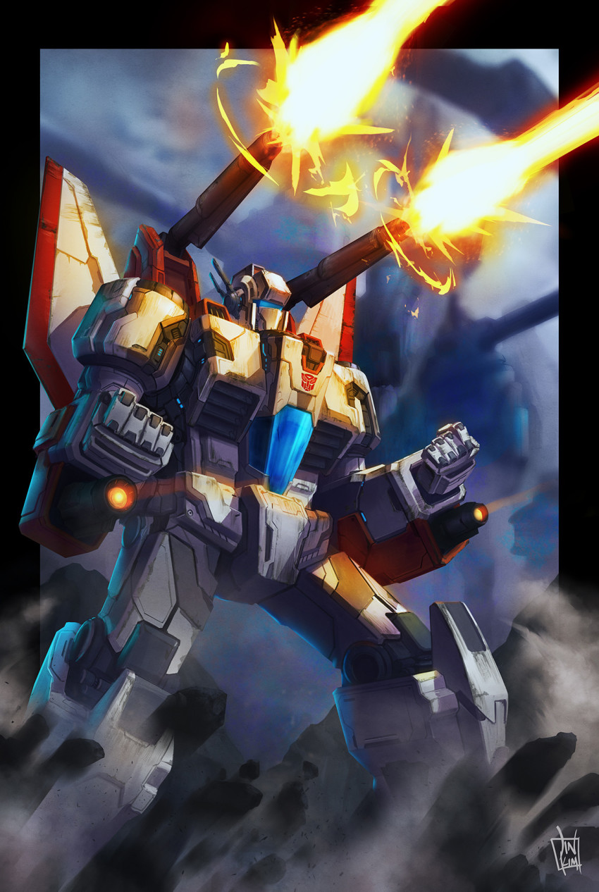 arm_cannon autobot battle damaged debris dirty emblem firing gun highres jetfire jyk_allday logo mecha nozzle realistic robot science_fiction shoulder_cannon signature smoke smoking_barrel transformers weapon