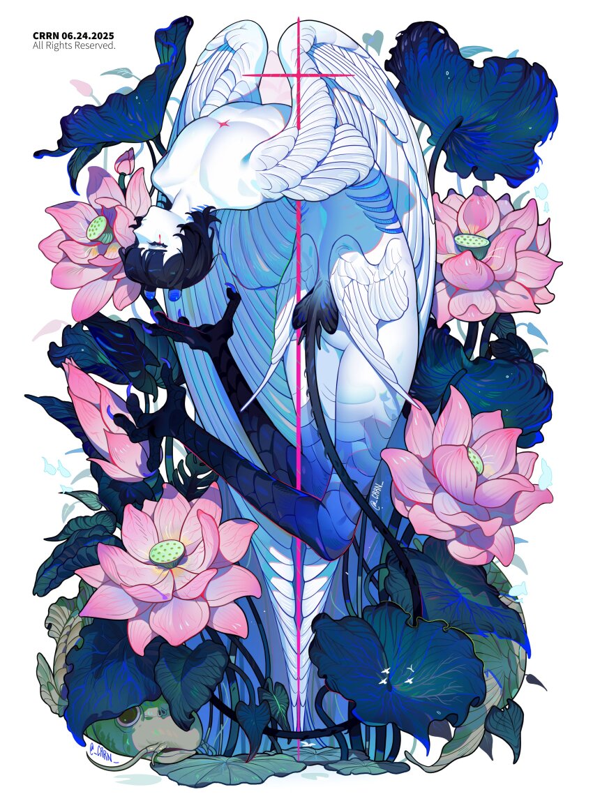 1girl absurdres ass bird_legs black_hair closed_eyes closed_mouth colored_skin completely_nude crrn feathered_wings flower highres lotus medium_hair multiple_wings nude original solo white_skin wings