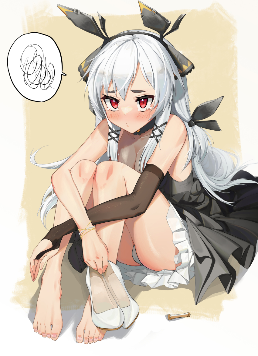 1girl absurdres arknights barefoot black_dress bracelet bridal_gauntlets dress feet frilled_dress frills gloves hair_ribbon headband high_heels highres holding holding_shoes jewelry knees_up long_hair low-tied_long_hair panties panty_peek red_eyes ribbon shoes unworn_shoes single_glove sitting sleeveless sleeveless_dress suye tearing_up thick_eyebrows underwear weedy_(arknights) white_hair white_panties