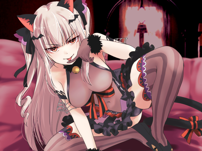 1girl :p animal_ears animal_print arm_strap assault_lily bare_shoulders bell black_leotard black_ribbon black_shoes black_skirt blurry blurry_background body_switch bow breasts brown_gloves brown_leotard brown_thighhighs cat_ears cat_girl cat_print cat_tail closed_mouth commentary_request commission couch covered_navel finger_to_mouth frilled_skirt frills fur-trimmed_gloves fur_trim gloves grey_hair hair_ribbon half-closed_eyes halloween_costume halterneck hand_up highres indoors jingle_bell kemonomimi_mode knee_up knees_out_of_frame knees_together_feet_apart large_breasts leaning_to_the_side leotard long_hair looking_at_viewer microskirt multicolored_leotard naughty_face neck_bell official_alternate_costume on_couch orange_bow orange_eyes personality_switch photo_background pixiv_commission print_shoes purple_skirt ribbon shoes sideboob sitting skirt smile solo striped_bow striped_clothes striped_thighhighs tada_shiera tail tail_bow tail_ornament thighhighs tongue tongue_out two-tone_bow two-tone_leotard two-tone_skirt two_side_up urutsu_sahari v-shaped_eyebrows vertical-striped_clothes vertical-striped_thighhighs very_long_hair