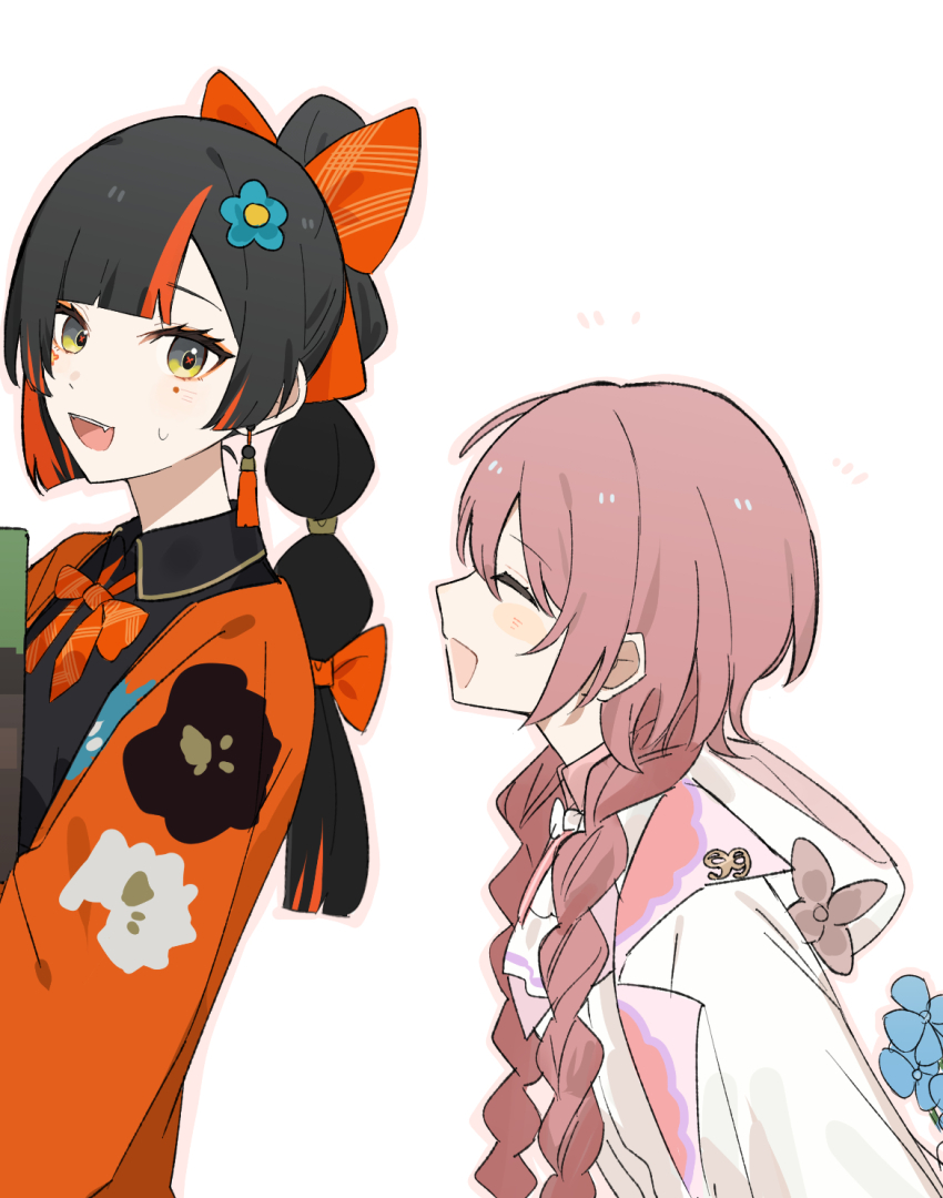 2girls amayui_moka black_hair black_shirt blunt_bangs blunt_ends bow braid choya_hanabi cloak closed_eyes collared_shirt earrings eyeliner facial_mark fang flower gradient_eyes hair_bow hair_flower hair_ornament haori highres hood hooded_cloak japanese_clothes jewelry low_twin_braids makeup multi-tied_hair multicolored_eyes multicolored_hair multiple_girls neck_ribbon oisiimizu open_mouth parted_bangs pink_hair ponytail red_bow red_eyeliner red_haori ribbon shirt streaked_hair sweat swept_bangs tassel tassel_earrings twin_braids upper_body virtual_youtuber vspo! white_background white_cloak