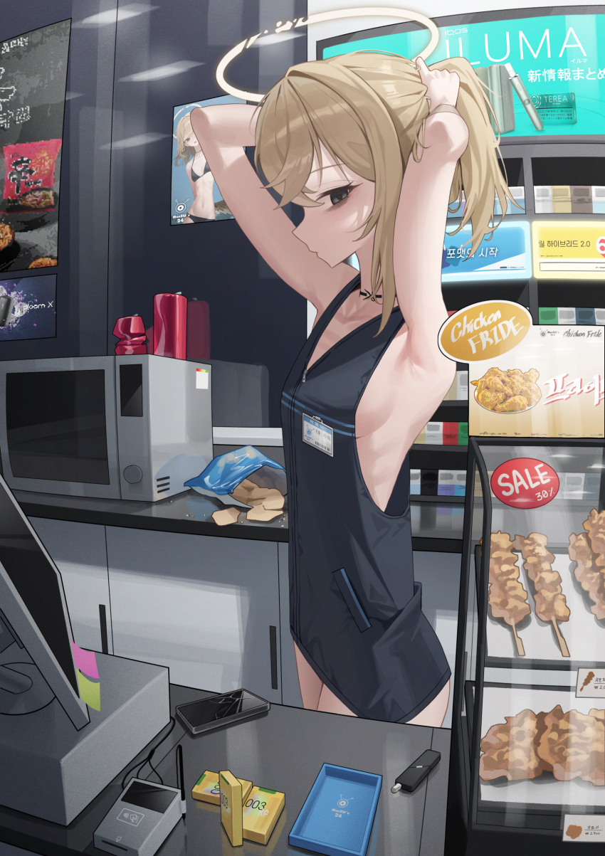 1girl absurdres ad adjusting_hair angel armpits arms_up ashal_(mansu) bag bikini black_bikini black_eyes black_jacket blonde_hair breasts cabinet candle card_reader cellphone chips_(food) closed_mouth commentary_request cracked_screen english_text expressionless fallen_angel food from_side halo highres jacket korean_text long_hair long_sidelocks looking_at_viewer mansu_(user_pnmp4287) medium_breasts microwave monitor naked_jacket neck_tattoo no_bra no_wings original phone poster_(object) reflection reflective_wall sale scissor_tattoo sideboob sidelocks skinny smartphone solo standing sticky_note storefront swimsuit tattoo traditional_halo tying_hair