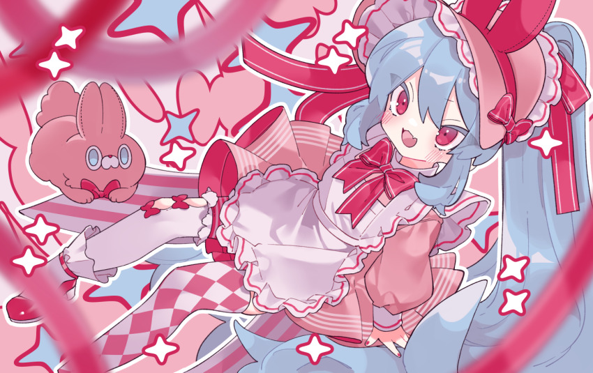 1girl animal_ear_hairband animal_ears apron argyle_clothes argyle_thighhighs asymmetrical_legwear blue_hair blush bonnet bow bowtie colored_eyelashes commentary dress fake_animal_ears fangs foot_out_of_frame frilled_apron frills hairband high_heels long_hair long_sleeves maid_apron mismatched_legwear open_mouth original ozureiji pink_bonnet pleated_dress puffy_long_sleeves puffy_sleeves rabbit_ears red_bow red_bowtie red_eyes red_hairband red_nails red_ribbon red_shoes ribbon shoes sitting skin_fangs smile socks socks_over_thighhighs solo stuffed_animal stuffed_rabbit stuffed_toy symbol-only_commentary thighhighs tsurime white_apron white_socks white_thighhighs