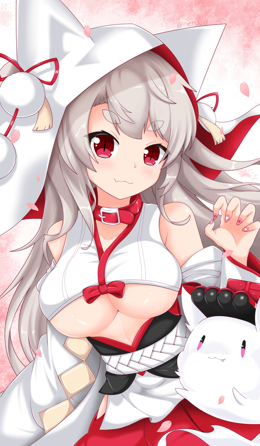 :3 absurdres animal_ears azur_lane bad_id bad_pixiv_id bare_shoulders breasts clothing_cutout collar detached_sleeves dog_ears enru fang fang_out grey_hair heart highres hood large_breasts long_hair nail_art nail_polish petals pink_nails pom_pom_(clothes) red_eyes short_eyebrows slit_pupils smile solo torpedo underboob underboob_cutout upper_body yuudachi_(azur_lane) yuudachi_(the_bride_of_solomon)_(azur_lane)